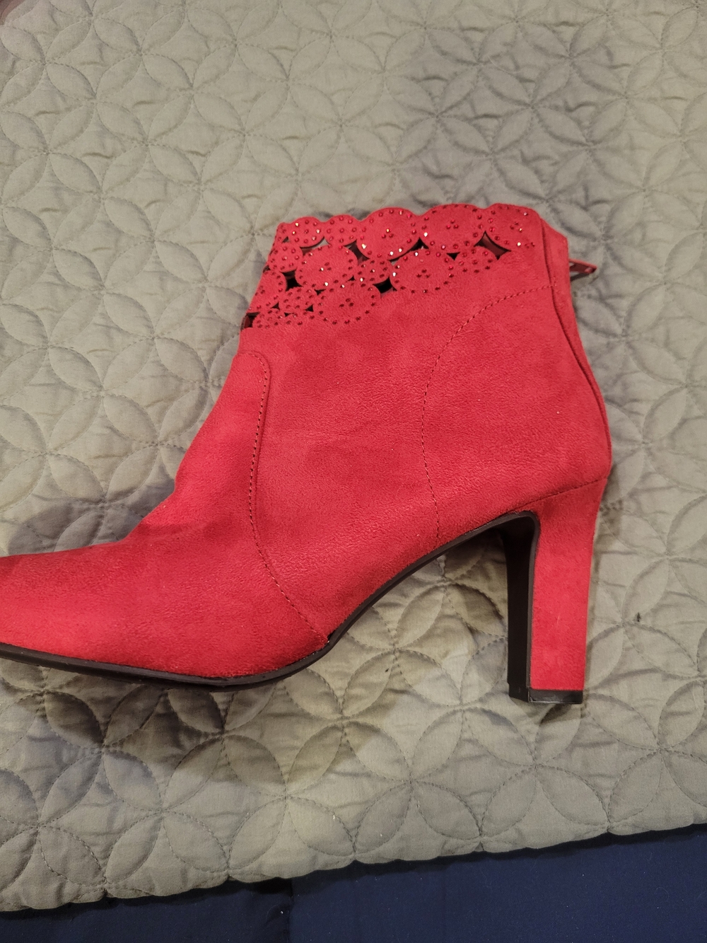 Women's Red Suede Laser-Cut Ankle Bootie